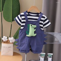 Clothing Sets Toddler Summer Baby Boy Clothes 1 To 5 Years Cartoon Striped Short Sleeve T-shirts And Overalls Kids Boys 2 Piece Outfit Set