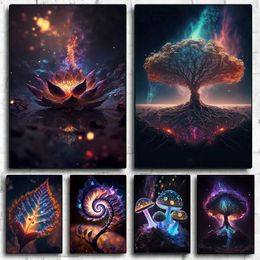 Abstract Galactic Garden Black Lotus Tree Of Life Mushroom Poster Canvas Painting Wall Art For Living Room Home Decoration