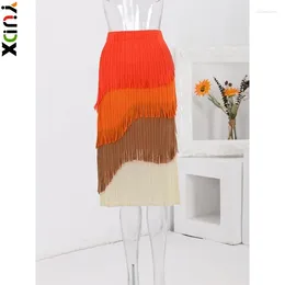 Skirts YUDX Miyake Colour Block Tassel Design Pleated Skirt Women Fashion High Waist Mid Length 2024 Spring Clothing