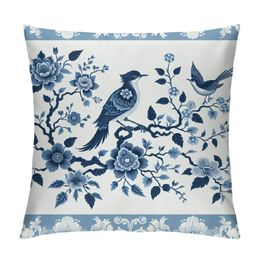 Chinoiserie Throw Pillow Covers Blue and White Home Decor 18x18 Inch, Floral Pillowcase Cushion Cover for Bed Sofa Couch, 2 Sets