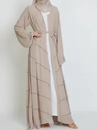 Ethnic Clothing Summer Open Abaya Dubai Turkey Party Solid Muslim Hijab Dress Beaded Belted Abayas For Women Kimono Islam Modest Outfit
