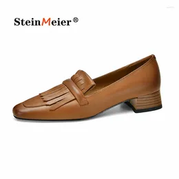 Casual Shoes Brogue Women Genuine Cow Leather Loafers Square Toe Slip On Tassel Vintage Ladies Flats Handmade