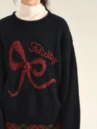 ADAgirl Embroidery Bow Graphic Knitted Sweater Women Black Crewneck Pullover Vintage Long Sleeve Winter Christmas Clothes Chic