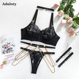 Aduloty Womens Sexy Underwear Embroidered Metal Chain Erotic Lingerie Five-Piece Set With Leg Ring Neck Bra Set 240529