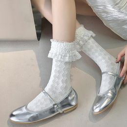 Women Socks Solid Colour Black White Long Polka Dot Lolita Kawaii Lace Ruffle Japanese Fashion Sweet Girls Cute