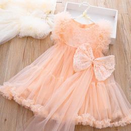 Girl Dresses Baby Girls Tutu Dress For Kids With Headband Outfit Princess Tulle Bows Lace Patchwork Costume Peach Colour Children Causal Wear