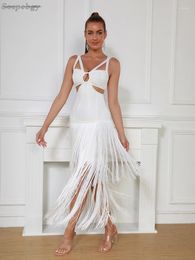 Casual Dresses Ladies Halter Backless Tassel Summer Dress Sexy Hollow Out Long 2024 Elegant Bandage Bodycon Club Party Vestidos