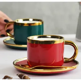 Cups Saucers Green Red European Ceramic Coffee Cup Set With Spoon Textured Porcelain Hand Painted High Quality Teacup And Saucer II50BYD