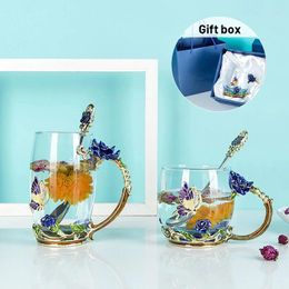 Mugs Blue Rose Enamel Crystal Tea Cup Coffee Mug Butterfly Painted Flower Water Cups Clear Glass With Spoon Set Perfect Gift