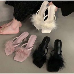 High Heels Plush Flip Flop Slippers For Womens Outwear Summer New Fairy Style Pinch Toe Black Pink Slipper Dinner Party Wear
