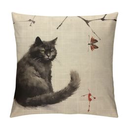 Vintage Cat and Dragonfly Traditional Japanese Ink Painting Farmhouse Decor Family Decoration Sign Home Decorative Throw Pillow Case Cushion Cover Sofa Couch,