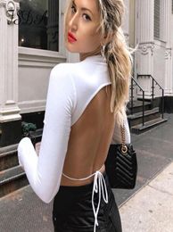 FSDA O Neck Long Sleeve Crop Top Women Sexy Backless Summer White Black Top Bandage Casual T Shirt Ladies7427488