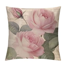 Decorative Romantic Rose Flower Pillow Cover Vintage Shabby Chic Peach Pink Rose Floral Cushion Cover Square Pillowcase for Sofa Bedroom Car