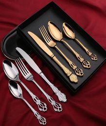 4pcsset Golden Cutlery Set Vintage Western Tableware Dinner Sets Knife Fork Spoon Teaspoon Gold Plated Stainless Steel Flatware251521644