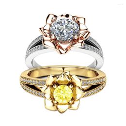 With Side Stones Hainon 2024 Austrian Crystal Rings Jewellery Yellow/White Cubic Zirconia Rose Flower Silver/Gold Colour Wedding Ring For Women