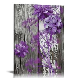 Abstract Flowers Canvas Wall Art Purple Dandelion Prints Rustic Grey Background Floral Canvas Frame Artwork for Modern Living Room Bedroom Decoration