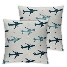 Airplane Pillow Cushion Cover Diagonal Stripes Travel Silhouettes Vacation Aviation, Decorative Square Accent Pillow Case, Petrol Blue Black White 2pc