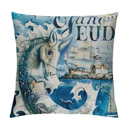 Ocean Theme Pillow Covers, Navy Blue Sea Animals Kasta kuddtäcken Seahorse Pillow Case Coastal Accent Summer Dekorativ för hemma utomhus