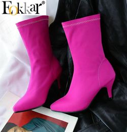 EOKKAR Pink Kitten Heel Stretch Ankle Boots for Women Pointed Toe Elastic Booties Royal Blue Women Shoes Low Heel BootsT2207186139067
