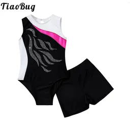 Clothing Sets Kids Girls Ballet Dance Sports Gymnastics Workout Shiny Rhinestone Hollow Back Leotards With Boxer Shorts Outfits