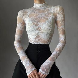 Womens Lace Floral Crop Tops Fairy Grunge White Long Sleeve Mock Neck Mesh See Through Floral Slim T-shirts Y2k Club Streetwear 240529