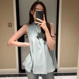 Korean Sweet Stand Collar Sleeveless Blouse Vintage Elegant Solid Chiffon Blusas Femininas Shirt Summer Vest Tops 240529