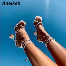 Sandals Aneikeh Summer Womens Shoes Sandals Basic Pu Fashion Cross Style Peak High Heel Lace Party Pump Size 35-42 Black and White Almond T240528