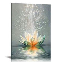 White Lotus Flower Canvas Wall Art Zen Decor for Bedroom Abstract Picture Print Painting,Framed Artwork for Living Room,Office