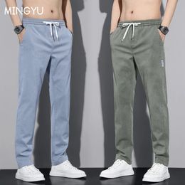 MINGYU Brand Cotton Casual Cargo Pants Men Drawstring Elastic Waist Stretch Blue Green Grey Black Jogging Work Trousers Male 240527