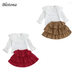 Clothing Sets Blotona Kids Girl Fall Outfits Lace Trim Doll Collar Tie-Up Long Sleeve Tops And Solid Colour Ruffle Cake Skirts 2Pcs Clothes