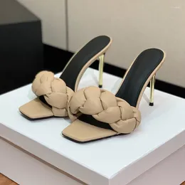 Slippers Female Summer Walk Show Style Square Toe Cap Weave Broadband Upper Slender Heel Ladies Shoes Sexy Elegant