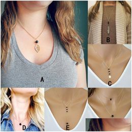 Pendant Necklaces Lava Rock Bead Necklace Feather Leaves Aromatherapy Essential Oil Diffuser Stone Gold Sier Chain For Women Jewellery G Dhgec
