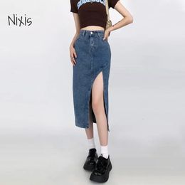 Plus Size Slit Denim Skirt for Women Korean Style Clothing New Vintage High Waist Thin Mid-length Skirt Y2k Female 240529