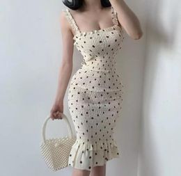 Summer pastoral storm point strap dress strapless sleeveless slim waist waist fishtail dress Midi dress chiffon8286261