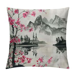 Japanese Watercolor Spring Pillow case, Mount Fuji with Cherry Blossoms Sakura Flower Decorative Pillow Case Cushion Cover Home Sofa Decor Pillow Cover