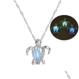 Lockets Fashion Glow In The Dark Turtle Necklace Hollow Pearl Cages Pendant Luminous Tortoise Charm Necklaces For Womens Luxury Jewelr Dhskf