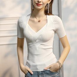 Women's T Shirts HIgh Quality 2024 Women Tops Hollow Out Stripe Spring Summer T-shirt Female Clothing Sexy Crop Top Clothes Casual Blouse