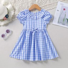 Girl Dresses Toddler Girls Checkered Print Bowknot Dress 2024 Summer Baby Kids Short Sleeve Casual Loose A-line Children's Clothing