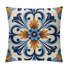 Blue Gold Flower Decorative Throw Pillow Covers Durable Fabric Two Sides Pattern Pillowcase Hidden Zipper Closure for Couch Sofa Patio