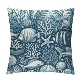 Vintage Ocean Sea Shells Coral Turquoise Throw Pillow Covers Decorate Coastal Beach House Home Living Room, Summer Beach Pillowcase
