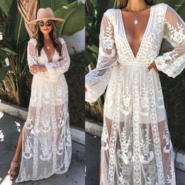 Casual Dresses Fashion White Embroidered Summer Dress Women 2024 Bohemian Lace V Neck Hollow Out Party Evening Cocktail Maxi Long Dresse