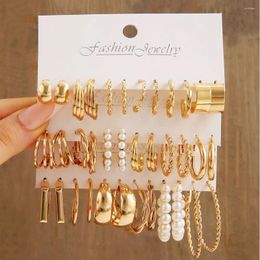 Hoop Earrings 18Pcs Of Suit Women C Shaped Geometric Fake-pearl Metal Atmospheric Queuing Alloy Gold-color