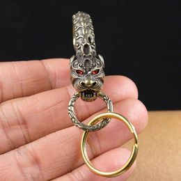 Pure Brass Red Eyes Head Keyrings Zodiac Dragon Keychain Men Waist Buckle Car Key Chain Pendant Charms Vintage Jewellery
