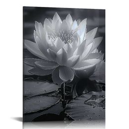 Black White Zen Canvas Wall Art Blossom Lotus Picture Water Lily Prints Spiritual Artwork for Bathroom Meditation Yoga Spa Room Decor(Picture-3)