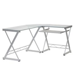 Computer Desk L-Shaped Tempered Glass Top Computer Desk With Adjustable Pull Out Keyboard Clear Furniture Table Pliante Desks