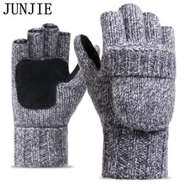 2017 Thick Male Fingerless Gloves Men Wool Winter Warm Exposed Finger Mittens Knitted Warm Flip Half Finger Gloves High Quality 330q