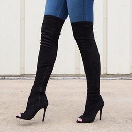 Boots Black Peep Toe Stiletto Heel Women Sock Stretch Fabric Side Zipper Thin Heels Tall Spring Autumn Over The Knee Boot