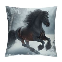 Throw Pillow Cover Brown Horse Running Horse Cool Animal Snow Wild Modern Design Winter Nature Decor Lumbar Pillow Case Cushion for Sofa Couch Bed