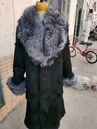 New Style Winter Natural Rabbit Fur Long Coat With Silver Fox Fur Collar and Sleeve Jacket For Women Outerwea