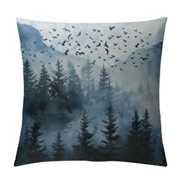 Blue Forest Throw Pillow Covers - Winter Misty Landscape Pine Forest Nature Theme Square Pillowcase 2Pcs for Indoor Outdoor Home Living Room Bedroom Sofa Couch